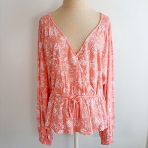 Wonderly Coral Floral Peplum Faux Wrap Blouse